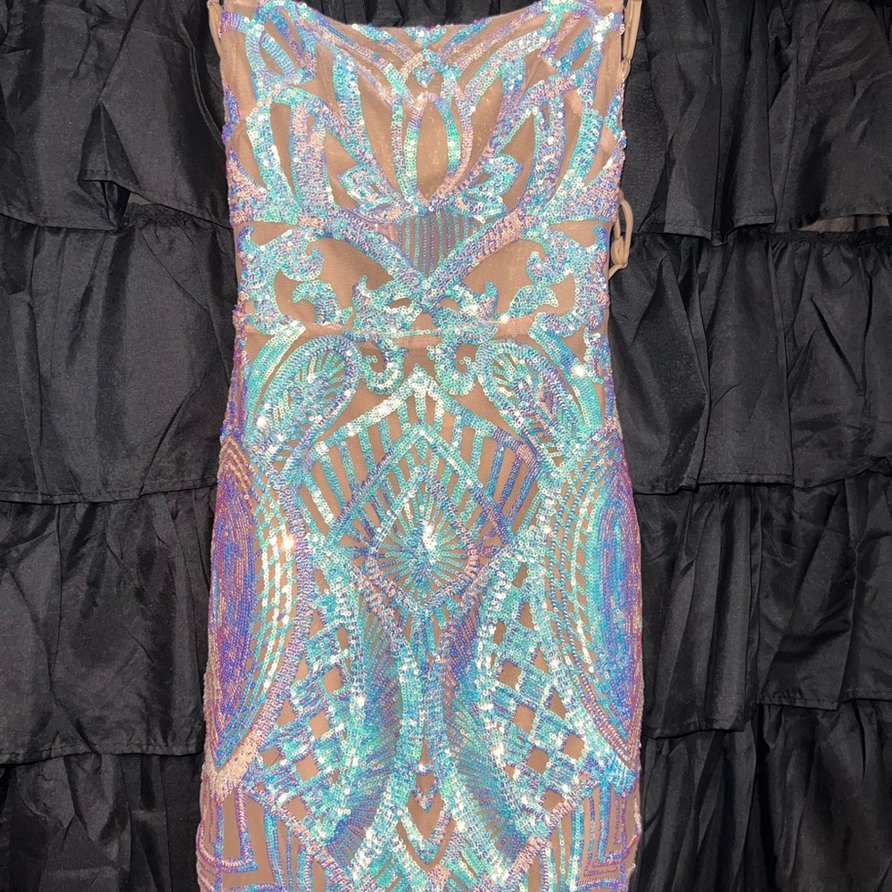 Lucy in the Sky - Starstruck Strappy Dress in Nude Iridescence - Size S
